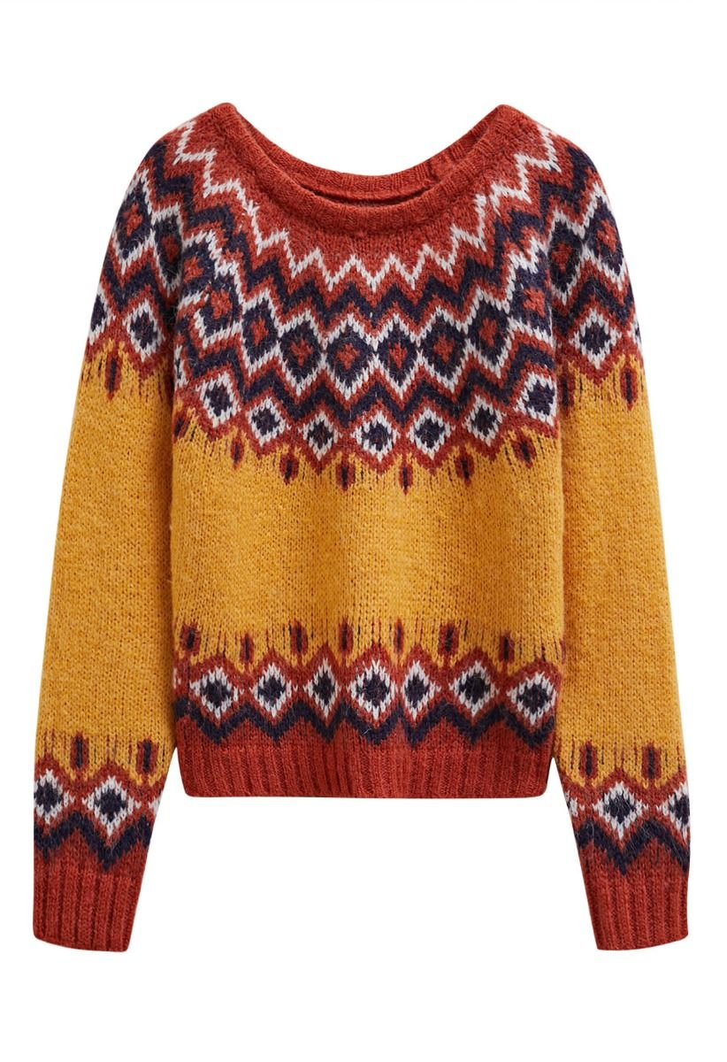 Pull en tricot Fair Isle Nordic Charm en orange