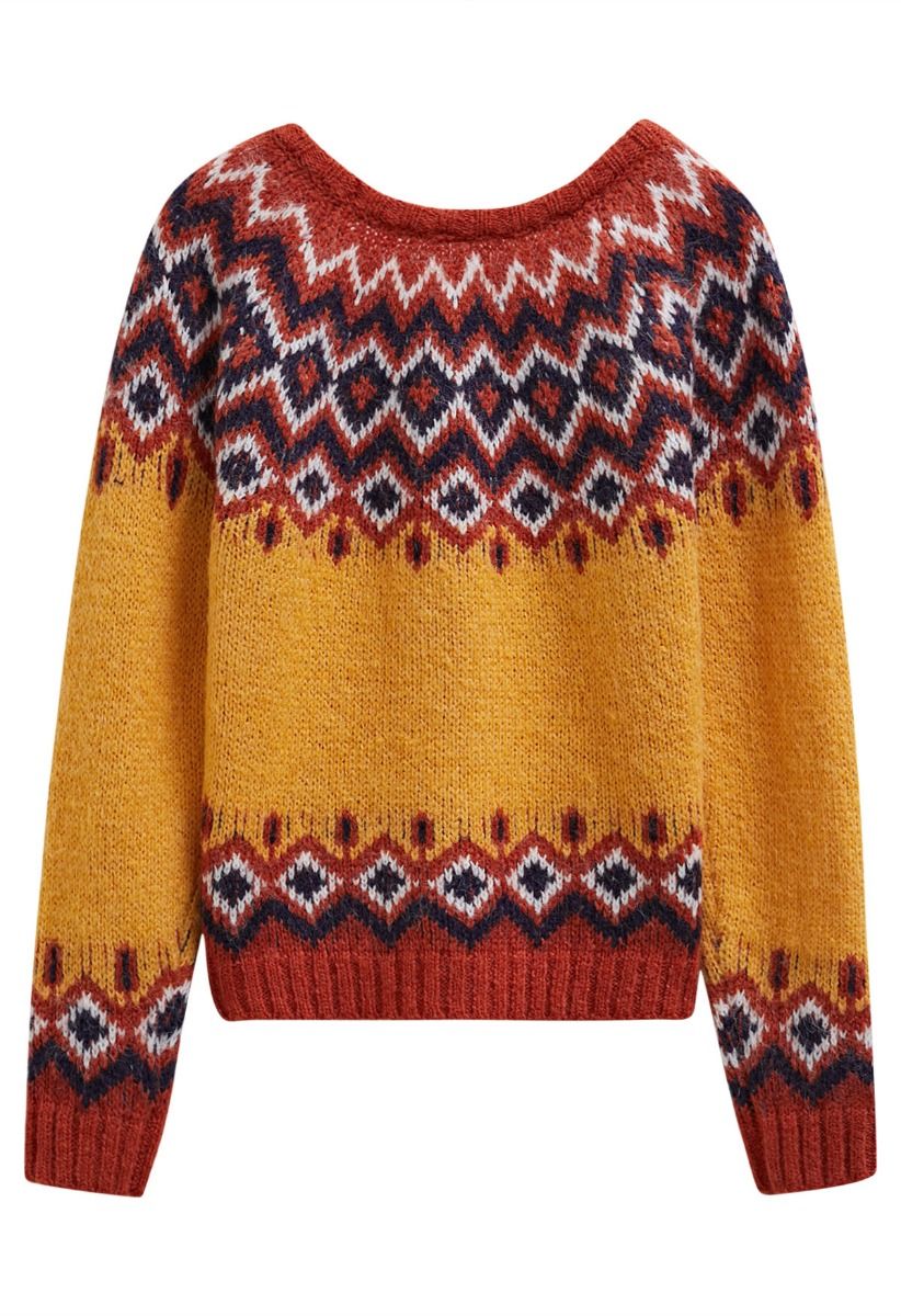 Pull en tricot Fair Isle Nordic Charm en orange