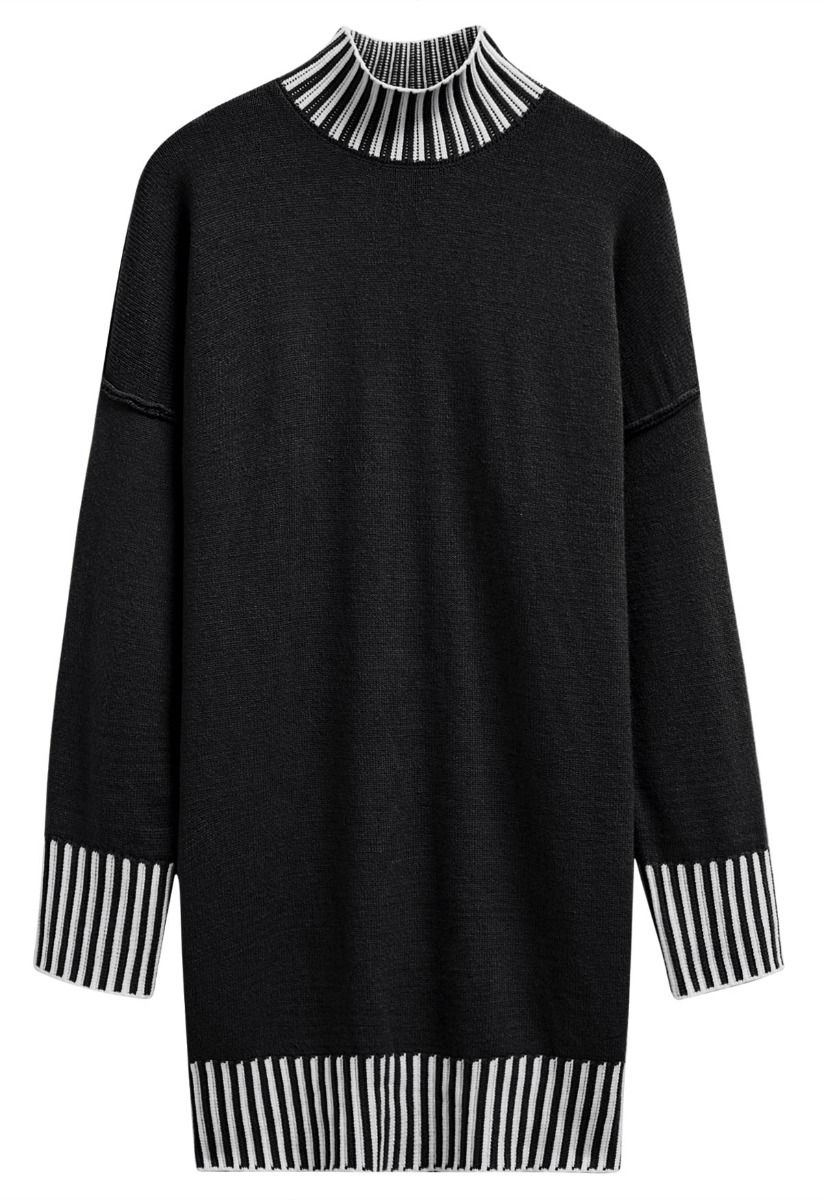 Robe pull en tricot à rayures contrastées et col montant en noir