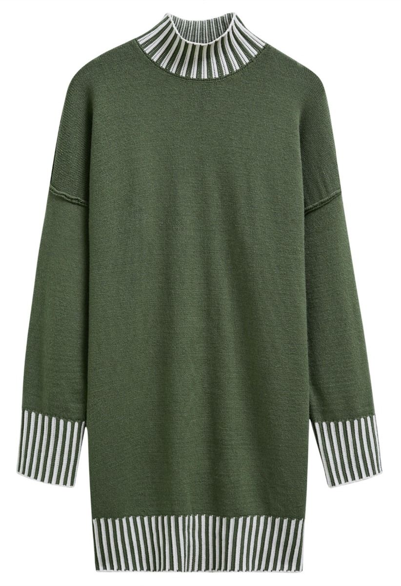 Robe pull en tricot à rayures contrastées et col montant en vert