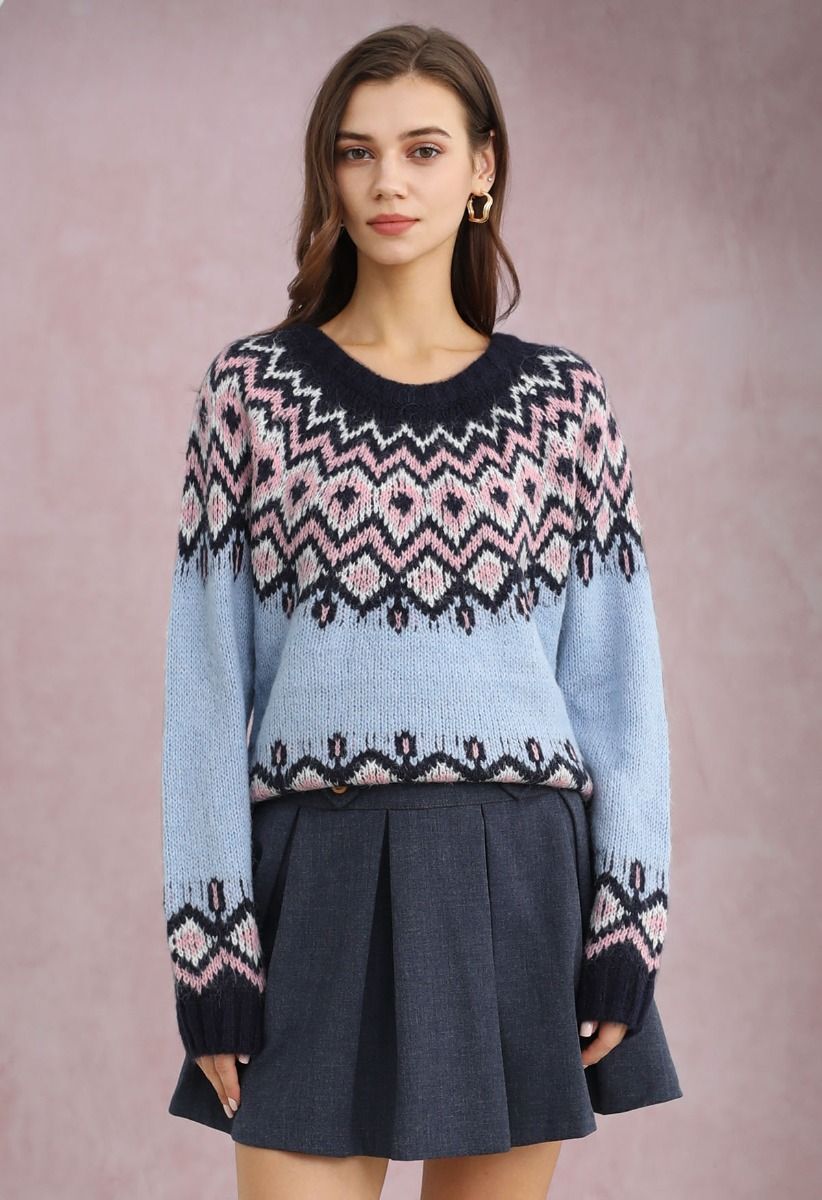 Pull en tricot Fair Isle bleu Nordic Charm