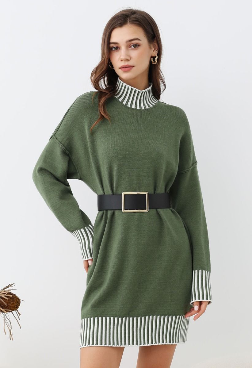 Robe pull en tricot à rayures contrastées et col montant en vert