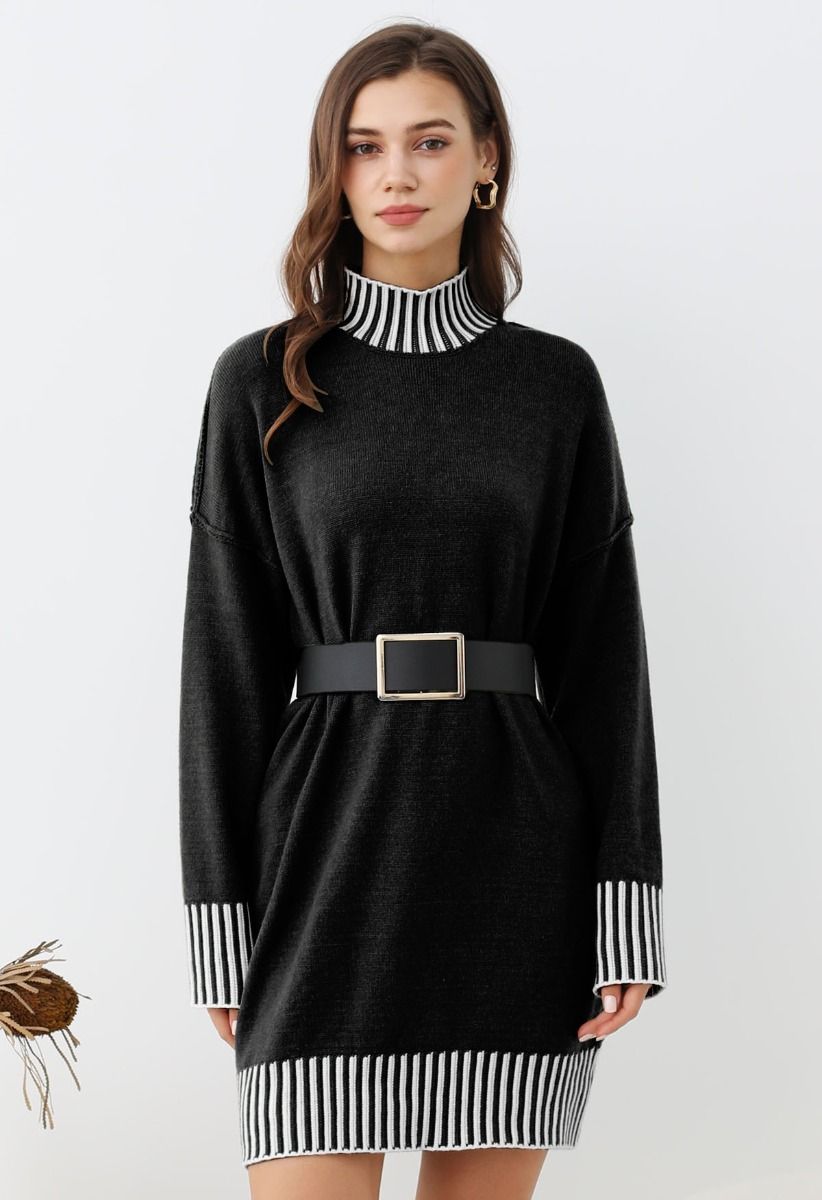 Robe pull en tricot à rayures contrastées et col montant en noir