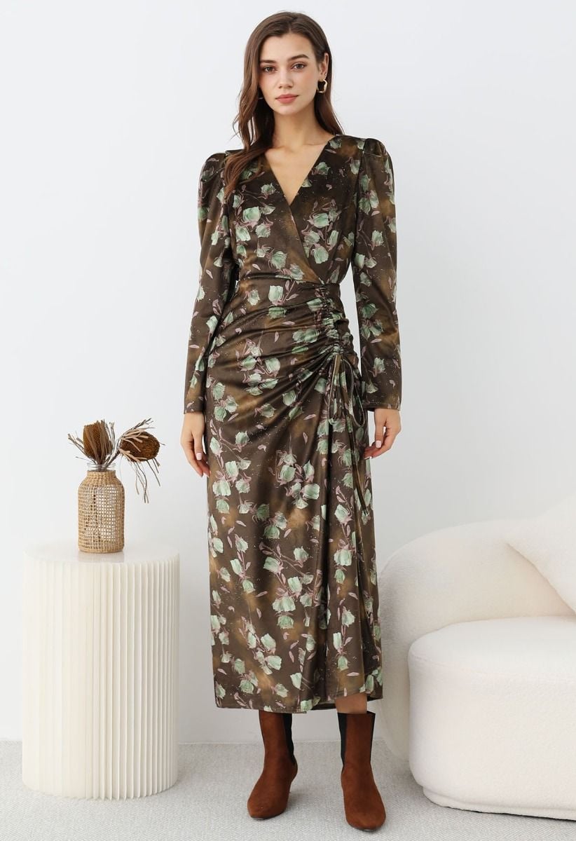 Robe longue en velours avec cordon de serrage Rosy Elegance en vert