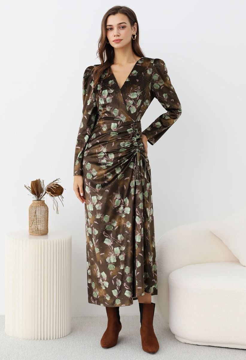 Robe longue en velours avec cordon de serrage Rosy Elegance en vert