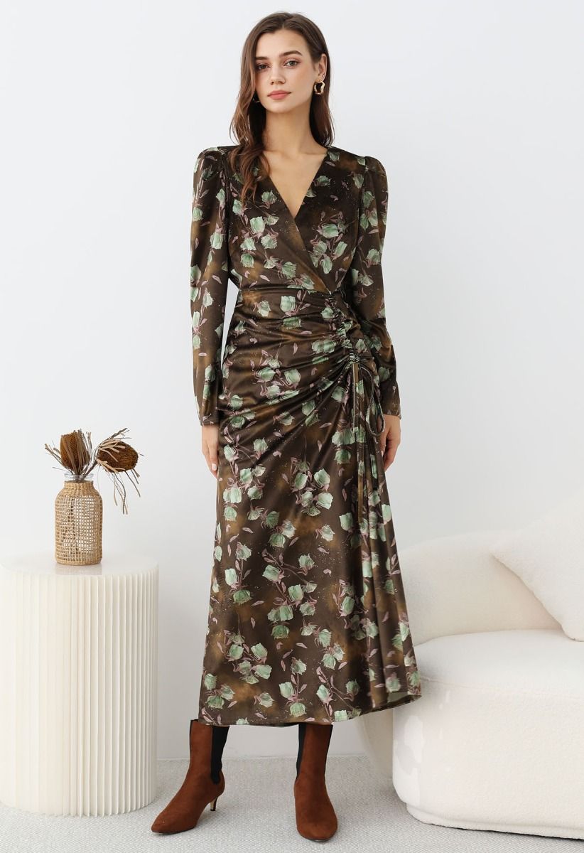 Robe longue en velours avec cordon de serrage Rosy Elegance en vert