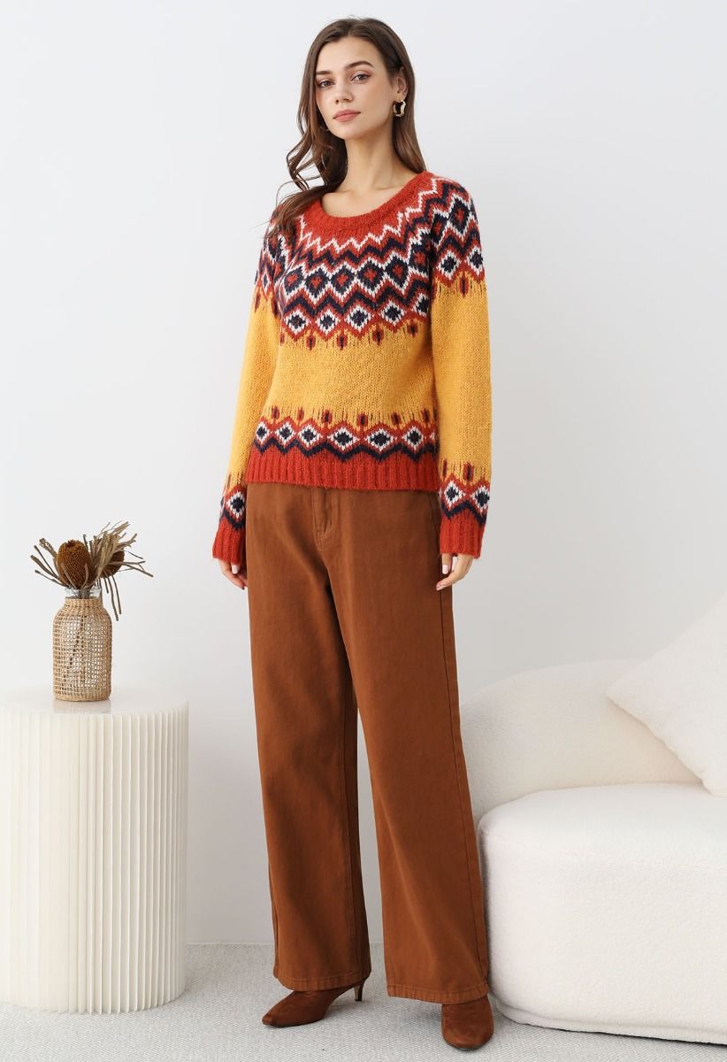 Pull en tricot Fair Isle Nordic Charm en orange