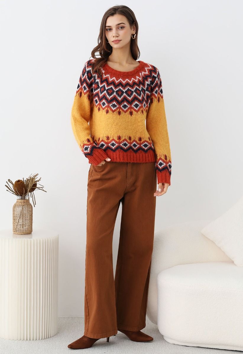 Pull en tricot Fair Isle Nordic Charm en orange