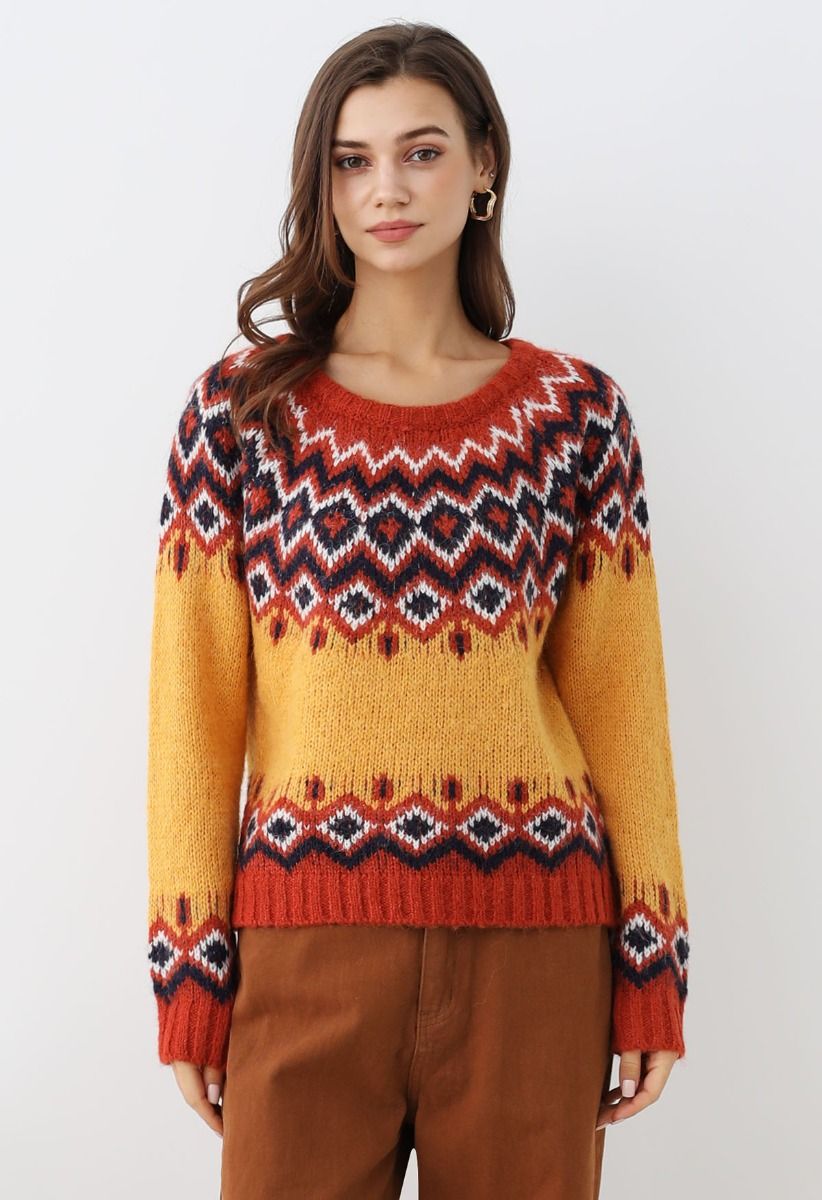 Pull en tricot Fair Isle Nordic Charm en orange