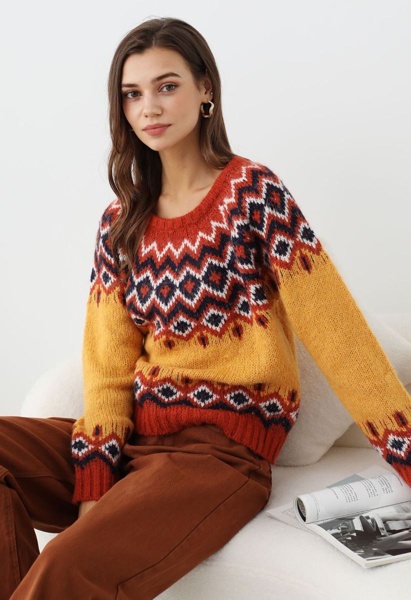 Pull en tricot Fair Isle Nordic Charm en orange