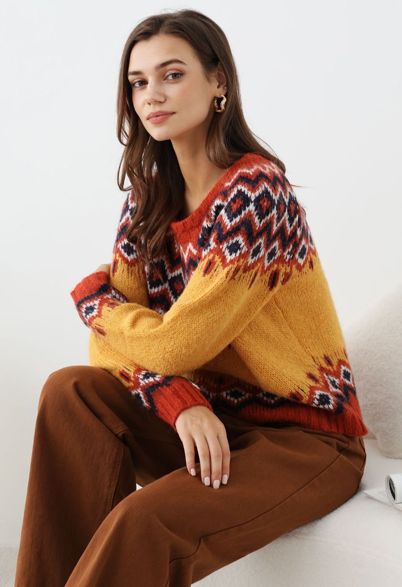 Pull en tricot Fair Isle Nordic Charm en orange