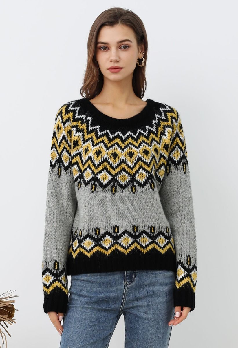 Pull en tricot Fair Isle Nordic Charm en gris