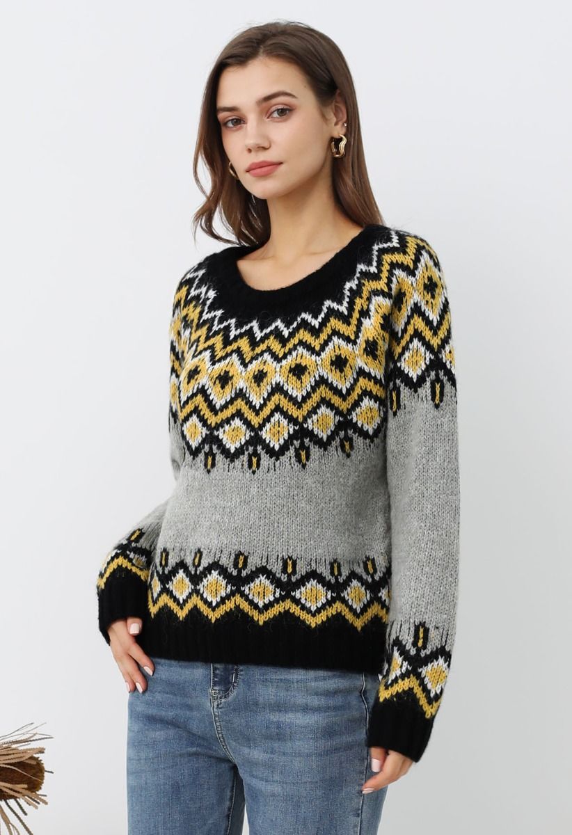 Pull en tricot Fair Isle Nordic Charm en gris