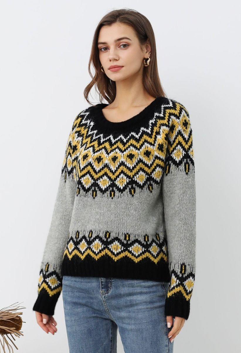 Pull en tricot Fair Isle Nordic Charm en gris