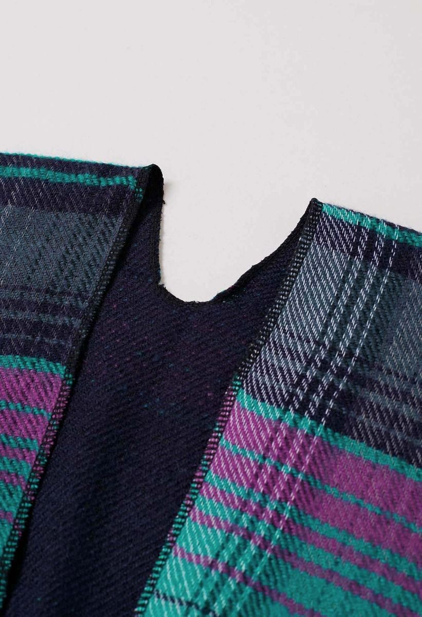 Poncho classique à ourlet frangé en tartan bleu sarcelle