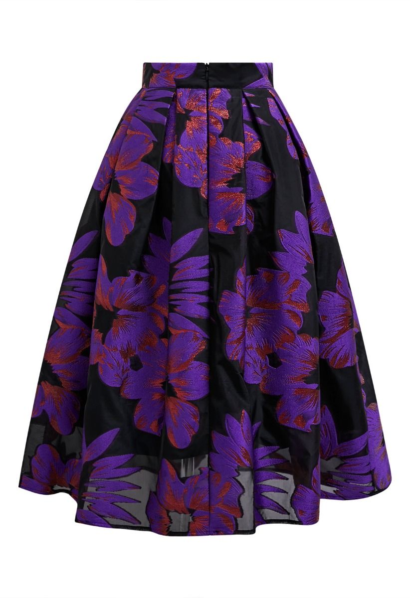 Jupe mi-longue plissée en organza et jacquard fleuri séduisant en violet