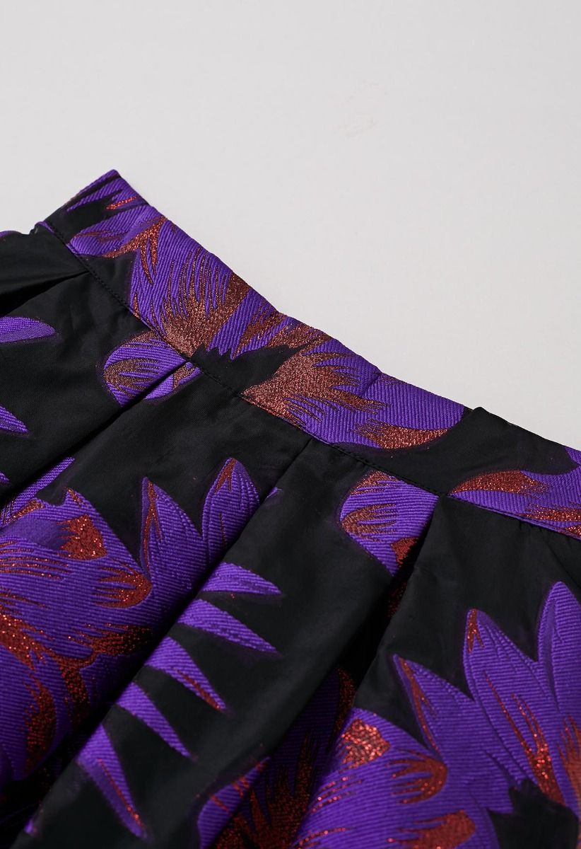 Jupe mi-longue plissée en organza et jacquard fleuri séduisant en violet