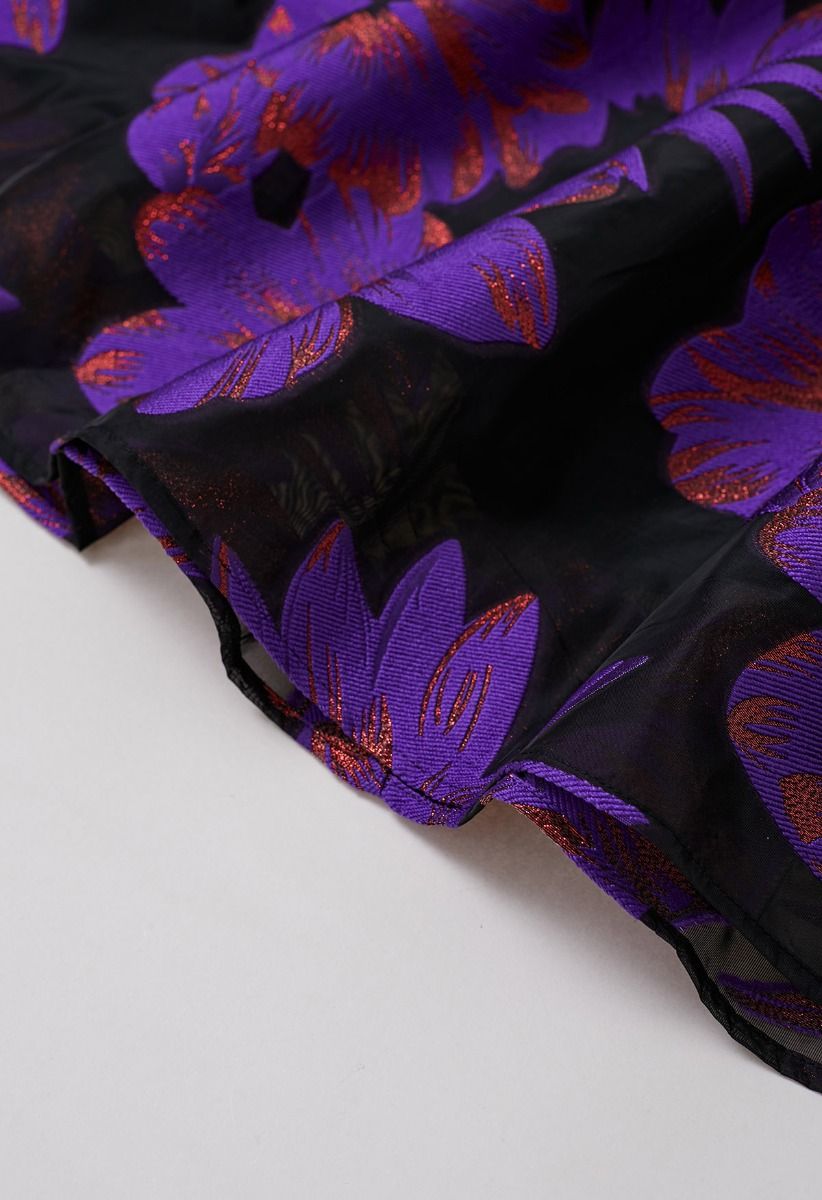 Jupe mi-longue plissée en organza et jacquard fleuri séduisant en violet