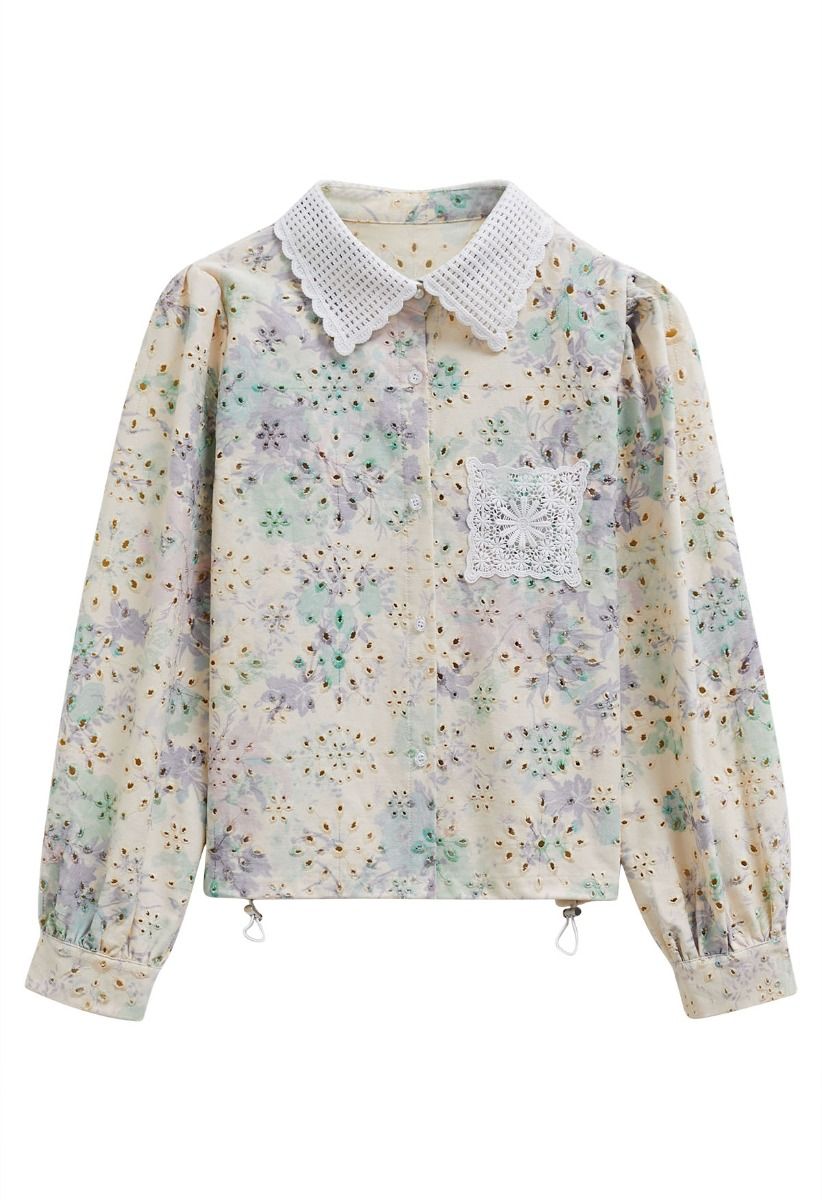 Chemise en jean à poche plaquée avec broderie à œillets et imprimé rose