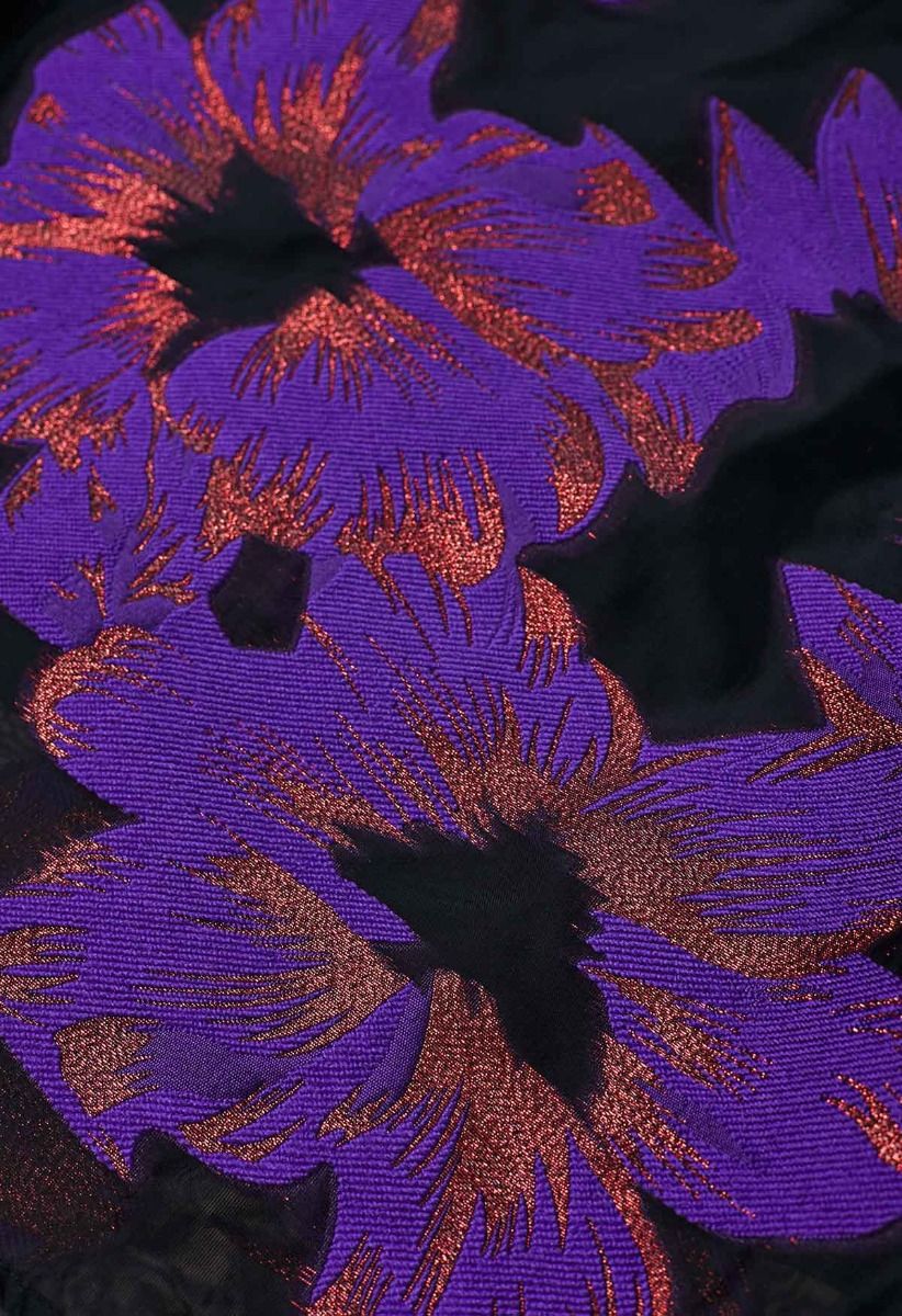 Jupe mi-longue plissée en organza et jacquard fleuri séduisant en violet