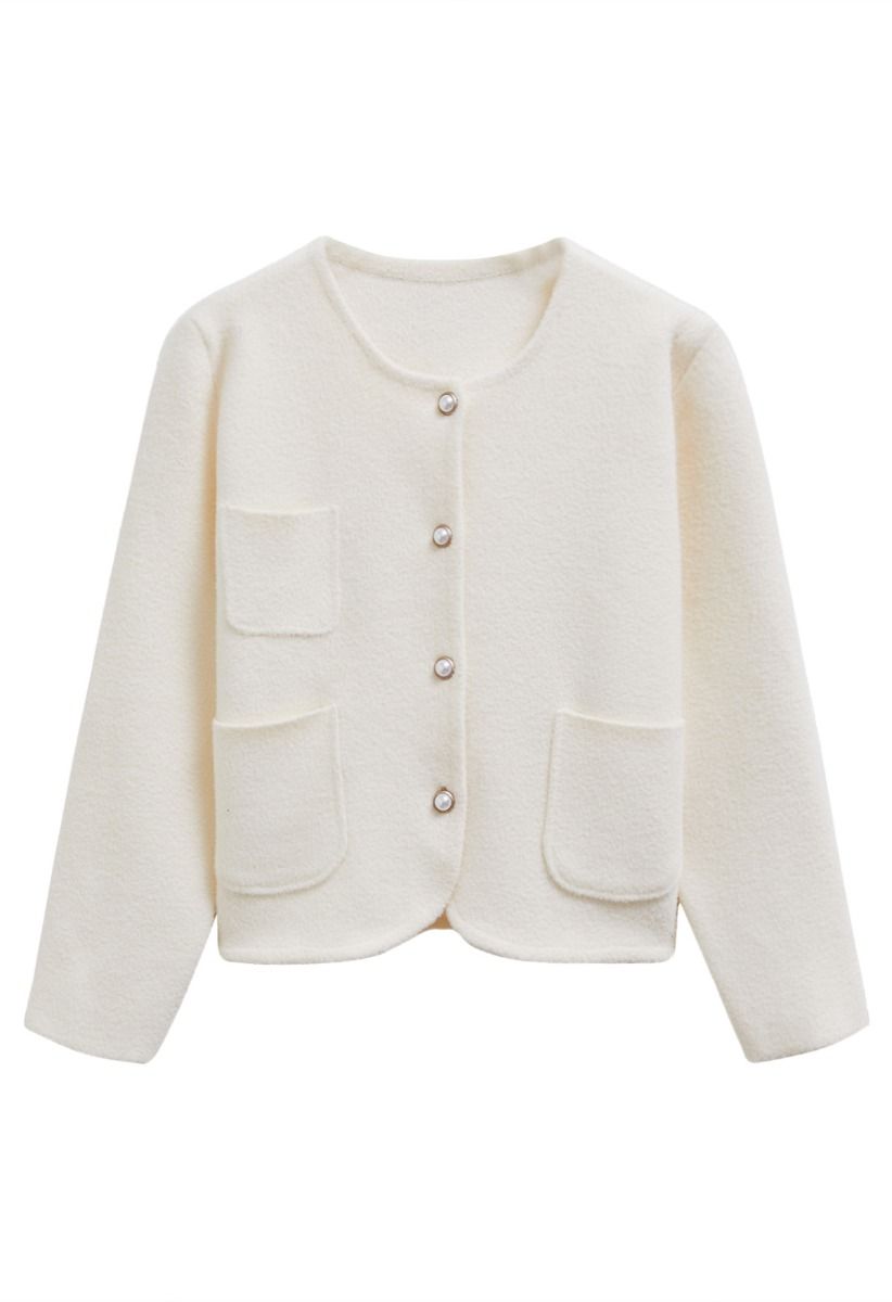 Cardigan en tricot à boutons nacrés avec poches plaquées Sweetly en crème