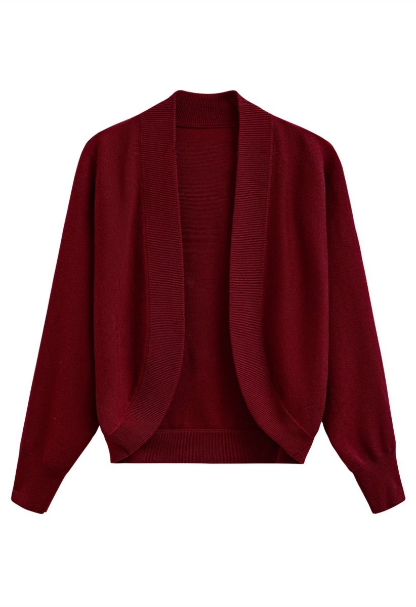 Cardigan minimaliste en tricot côtelé ouvert sur le devant en rouge