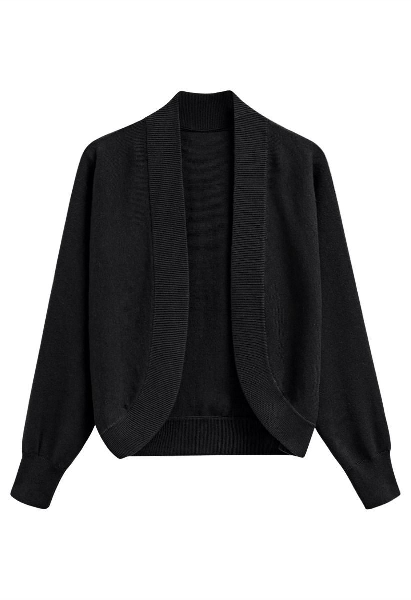 Cardigan minimaliste en tricot à bords côtelés et ouvert sur le devant en noir