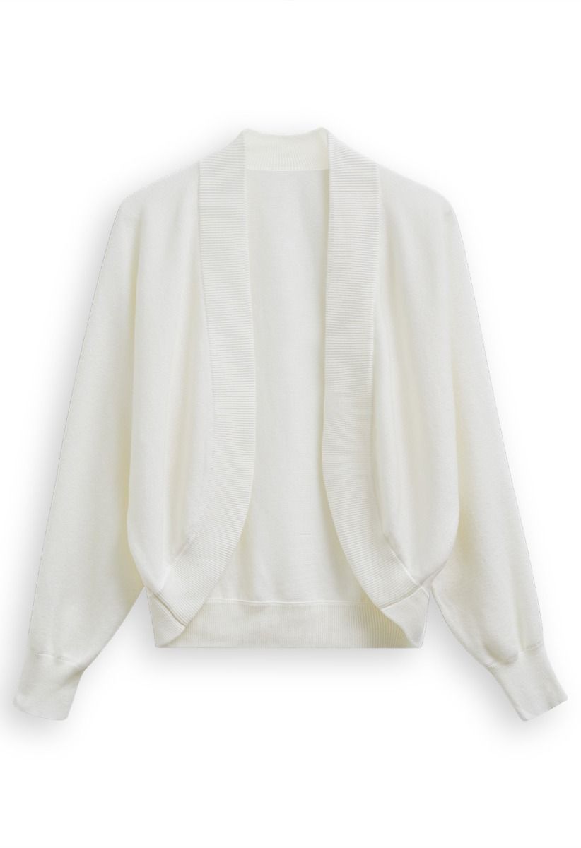 Cardigan minimaliste en tricot côtelé ouvert sur le devant en blanc