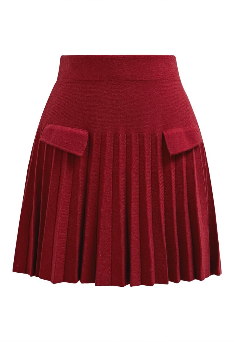 Mini-jupe plissée décorative en tricot avec poches en rouge