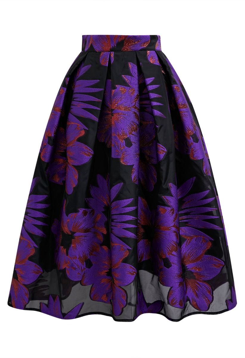 Jupe mi-longue plissée en organza et jacquard fleuri séduisant en violet