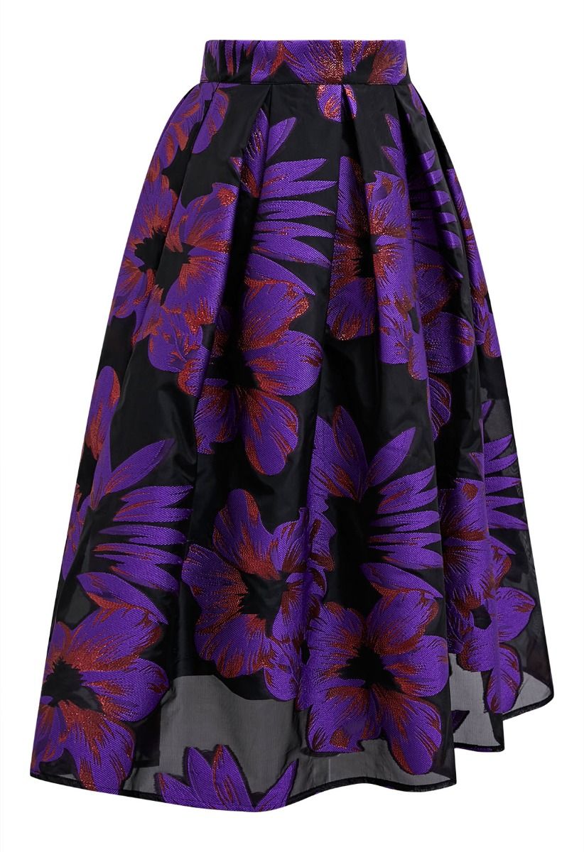 Jupe mi-longue plissée en organza et jacquard fleuri séduisant en violet