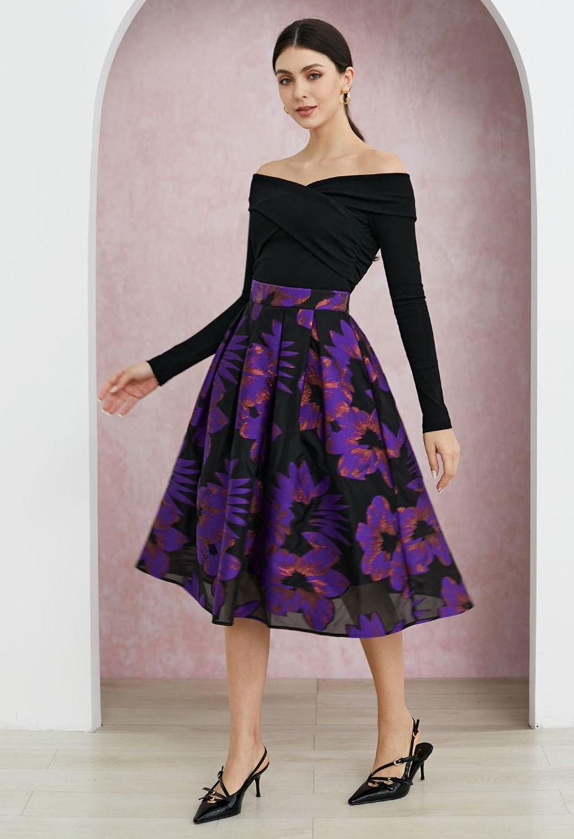 Jupe mi-longue plissée en organza et jacquard fleuri séduisant en violet