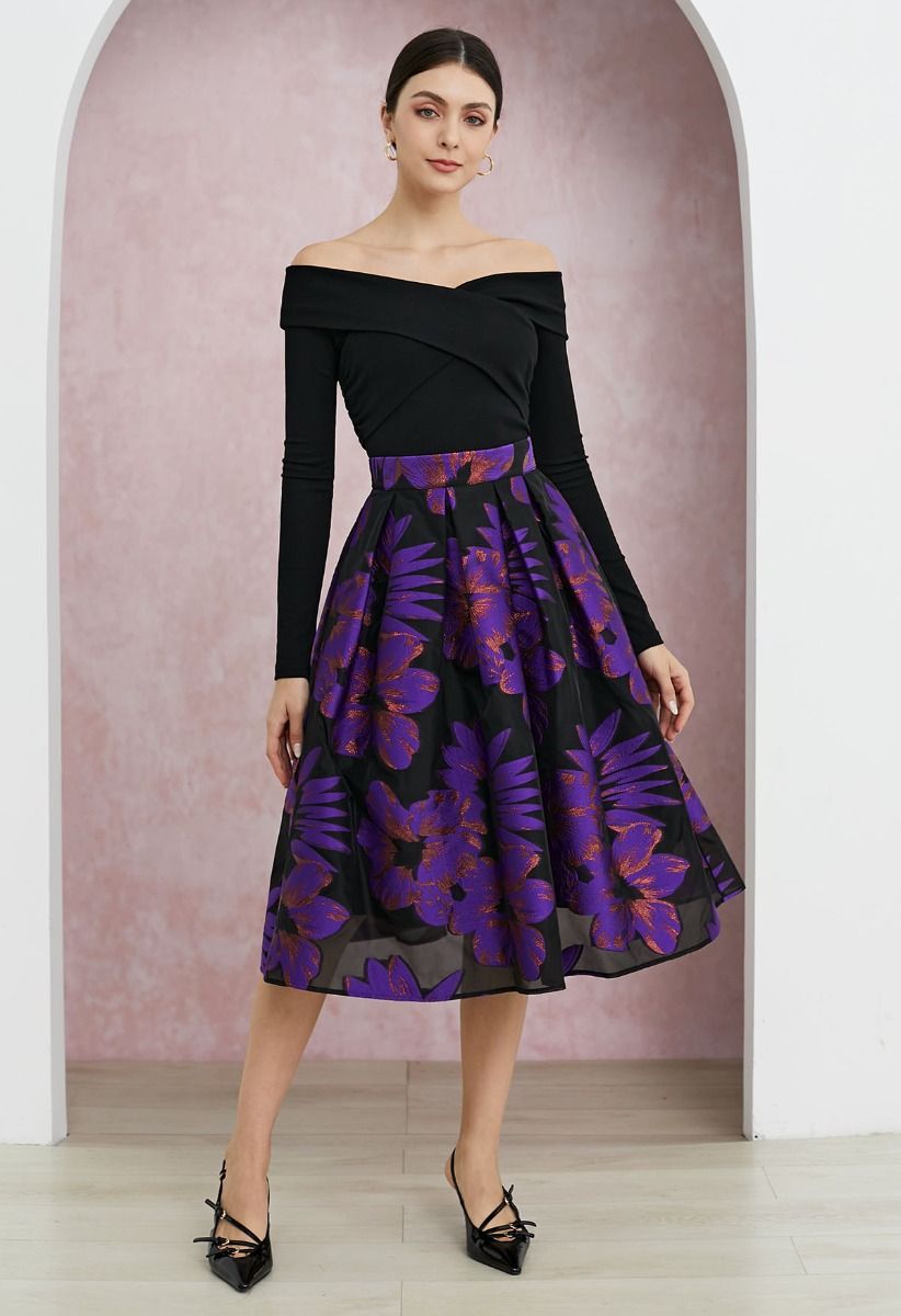 Jupe mi-longue plissée en organza et jacquard fleuri séduisant en violet