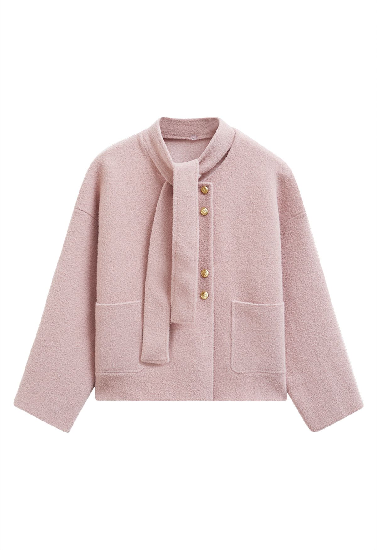 Manteau en tricot à boutons dorés amovibles et col noué en rose