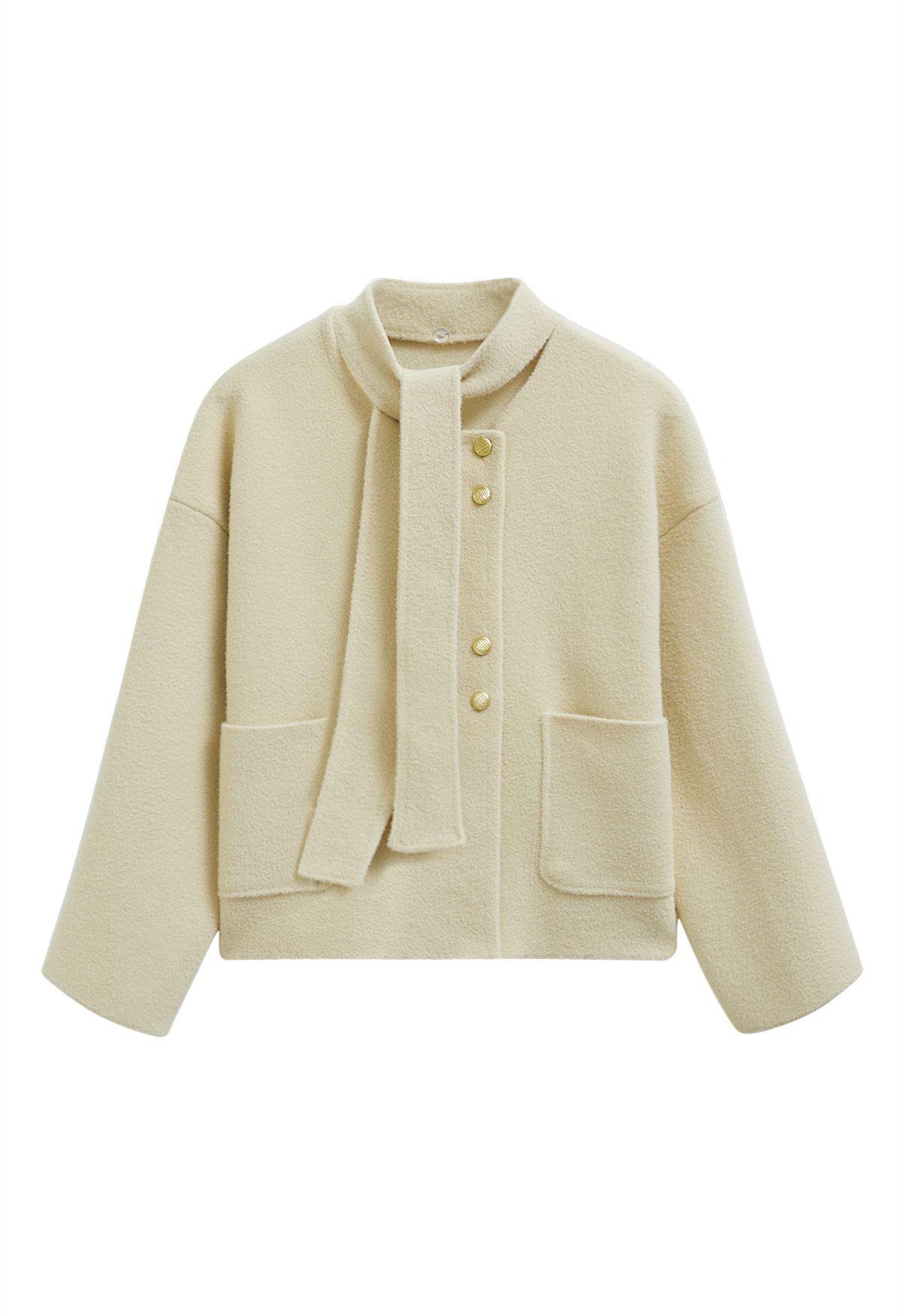 Manteau en tricot à boutons dorés amovibles avec col noué en jaune clair