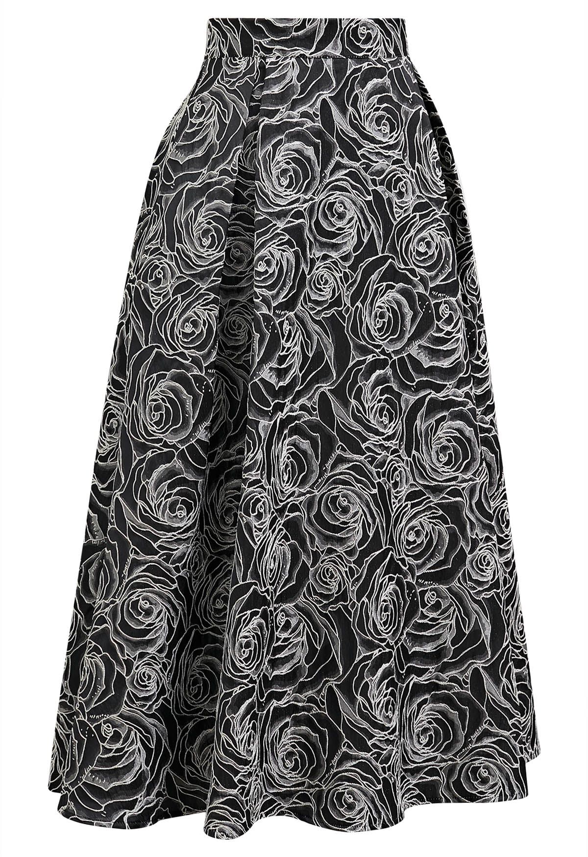 Jupe mi-longue trapèze en jacquard à motif de roses délicates en relief, noire