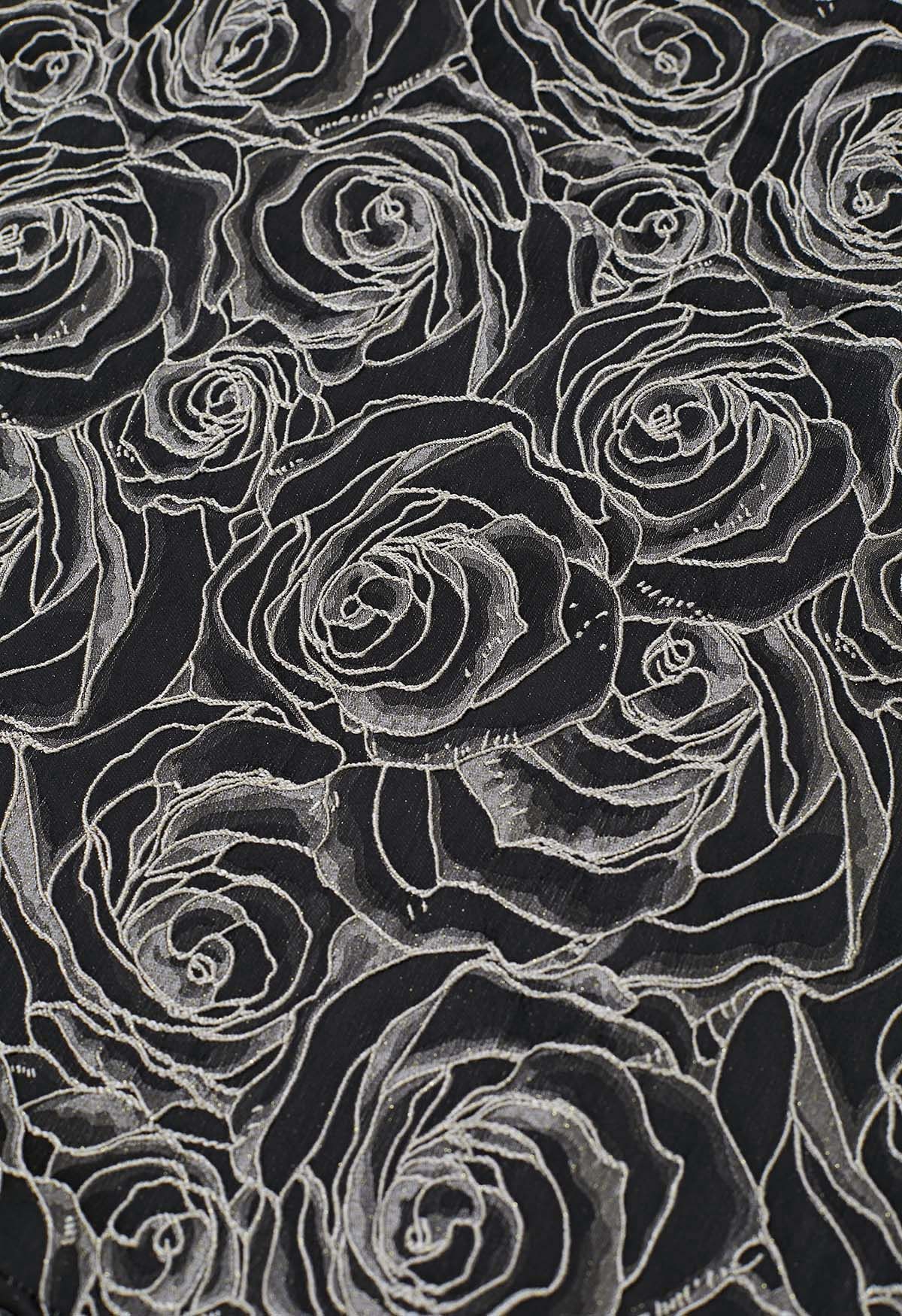 Jupe mi-longue trapèze en jacquard à motif de roses délicates en relief, noire