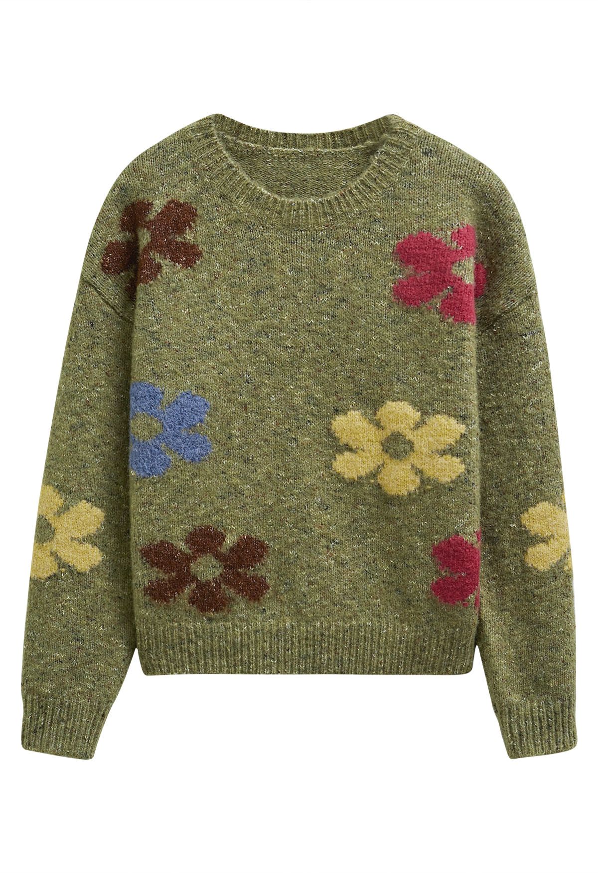 Pull en tricot pelucheux à motifs floraux multicolores en vert mousse