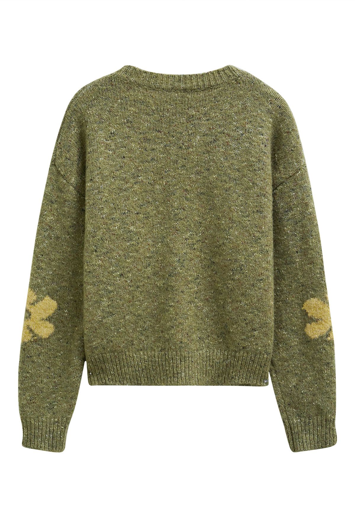 Pull en tricot pelucheux à motifs floraux multicolores en vert mousse