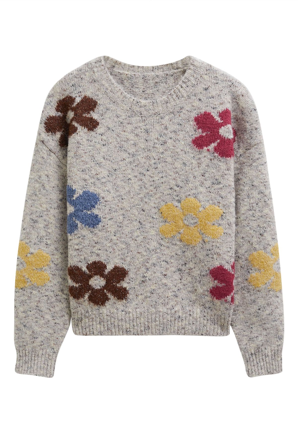 Pull en tricot pelucheux à motif floral multicolore en flocons d'avoine