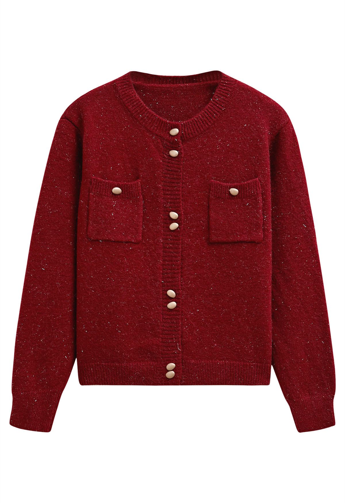 Cardigan élégant en tricot à franges scintillantes avec boutons en rouge