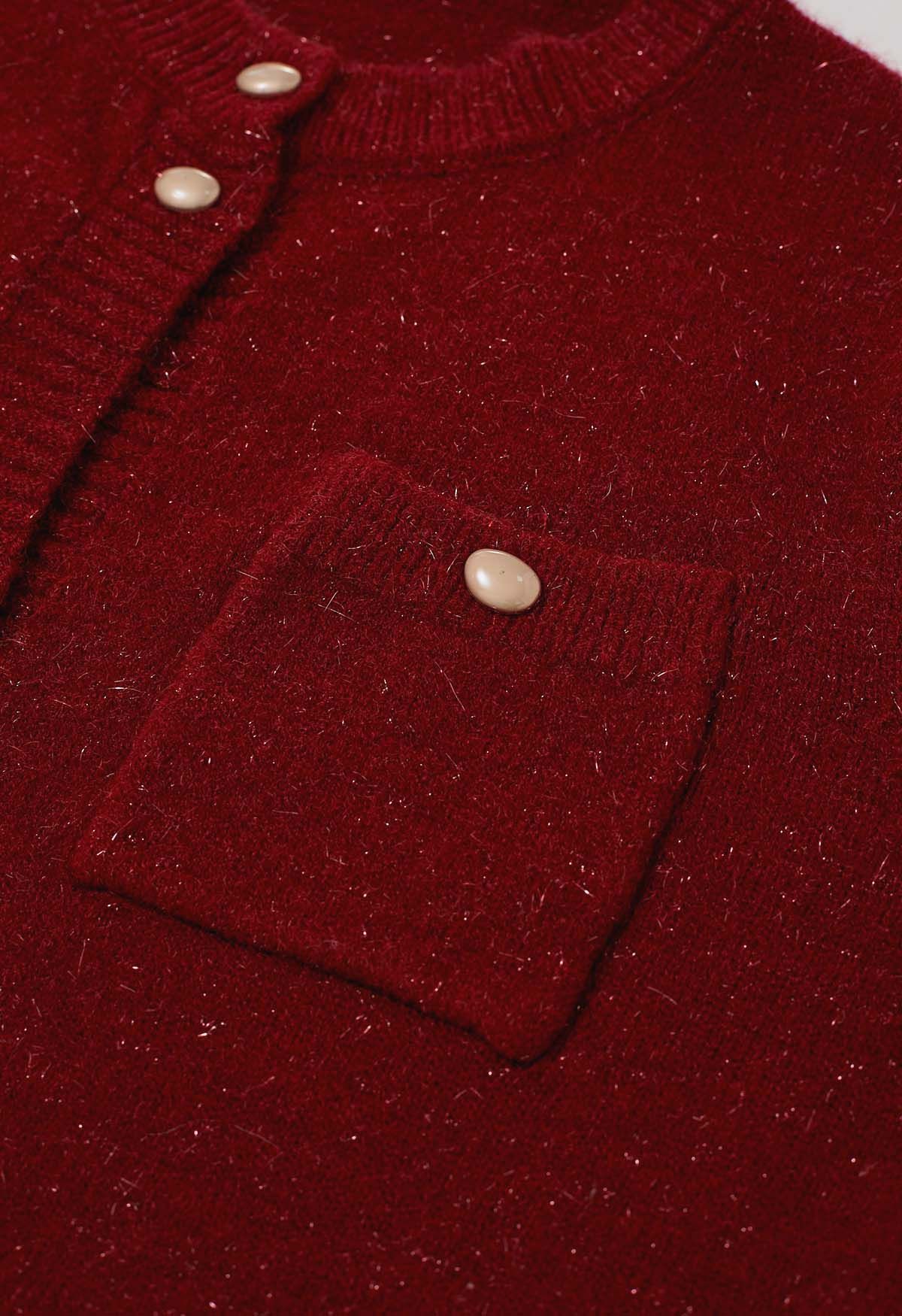 Cardigan élégant en tricot à franges scintillantes avec boutons en rouge