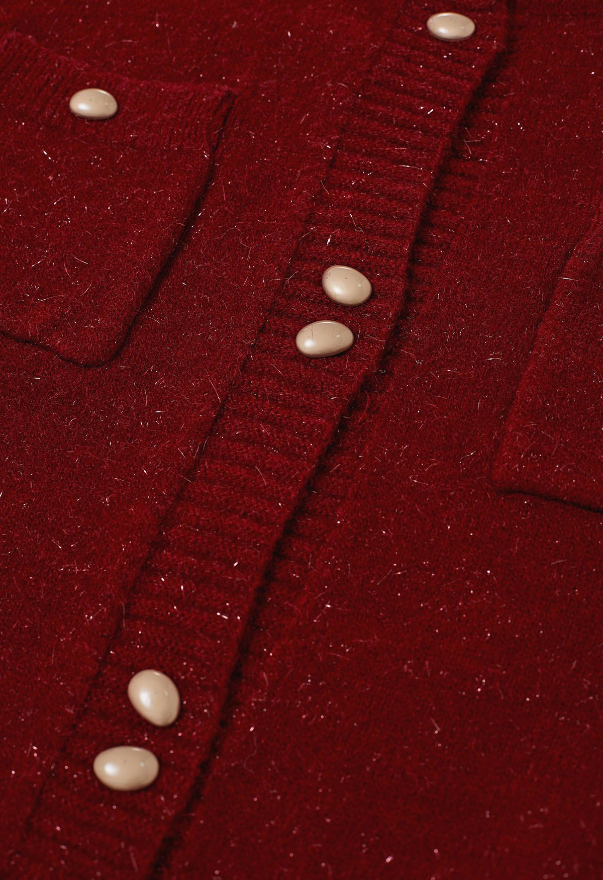 Cardigan élégant en tricot à franges scintillantes avec boutons en rouge