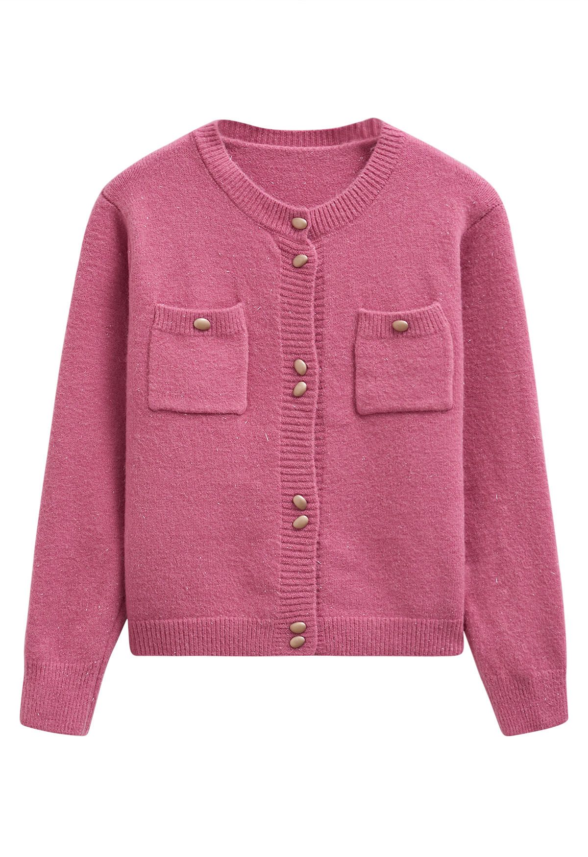 Cardigan élégant en tricot à franges scintillantes et boutons en rose bonbon