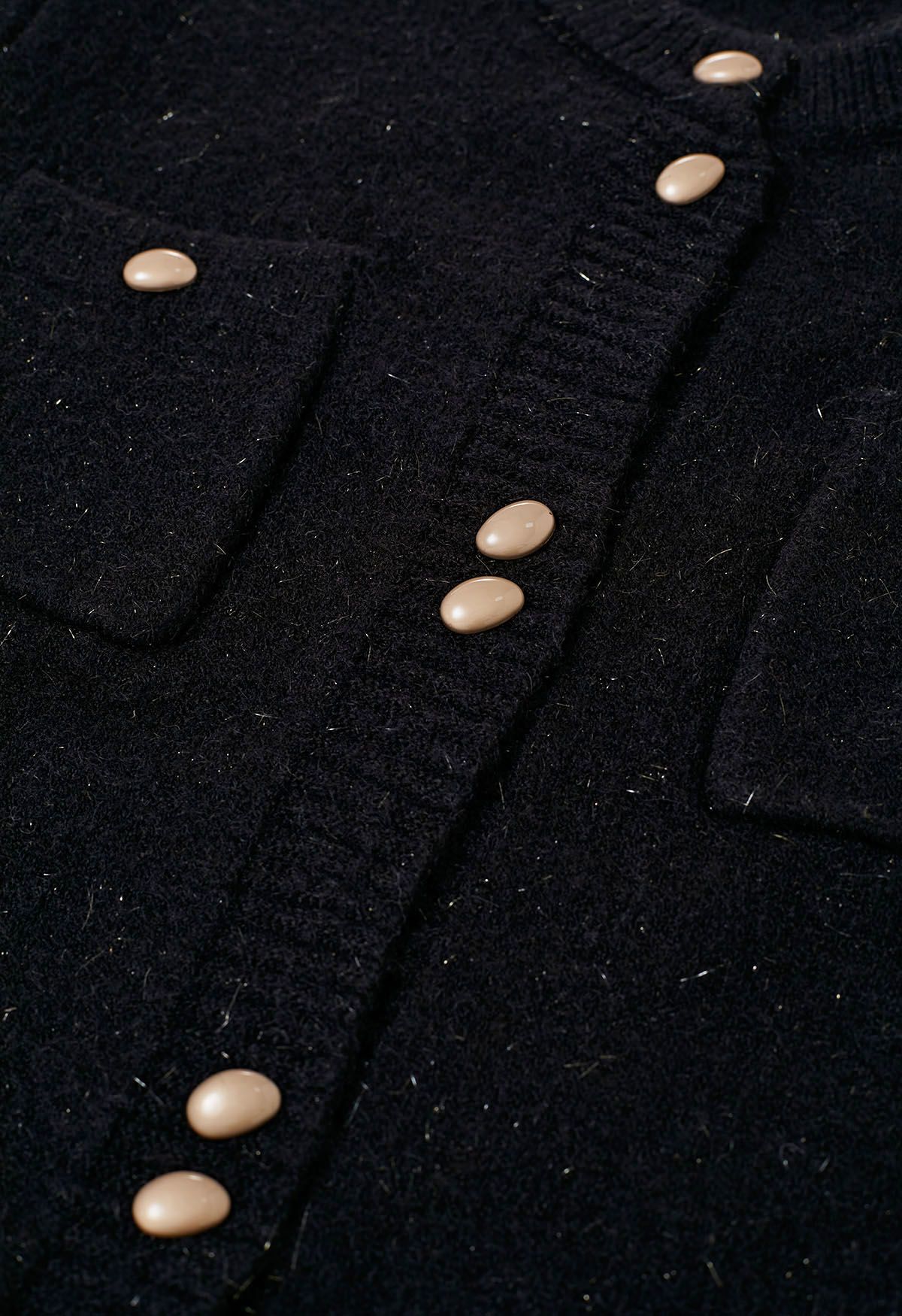 Cardigan élégant en tricot à franges scintillantes avec boutons en noir