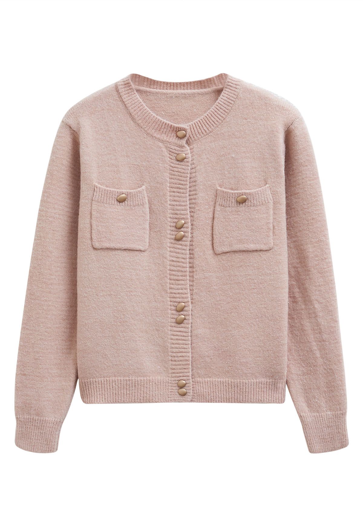 Cardigan élégant en tricot à franges scintillantes et boutons en rose clair