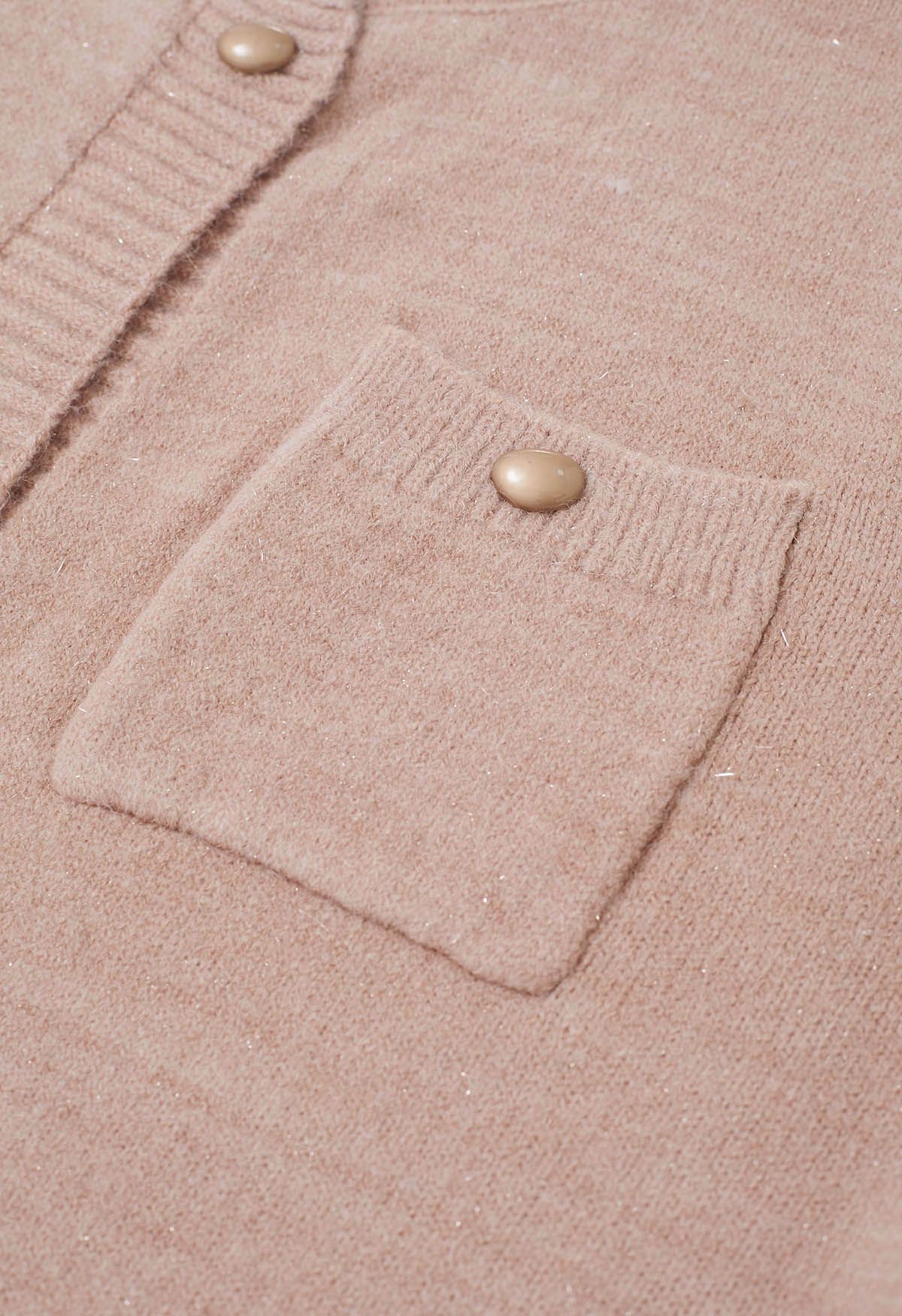 Cardigan élégant en tricot à franges scintillantes et boutons en rose clair