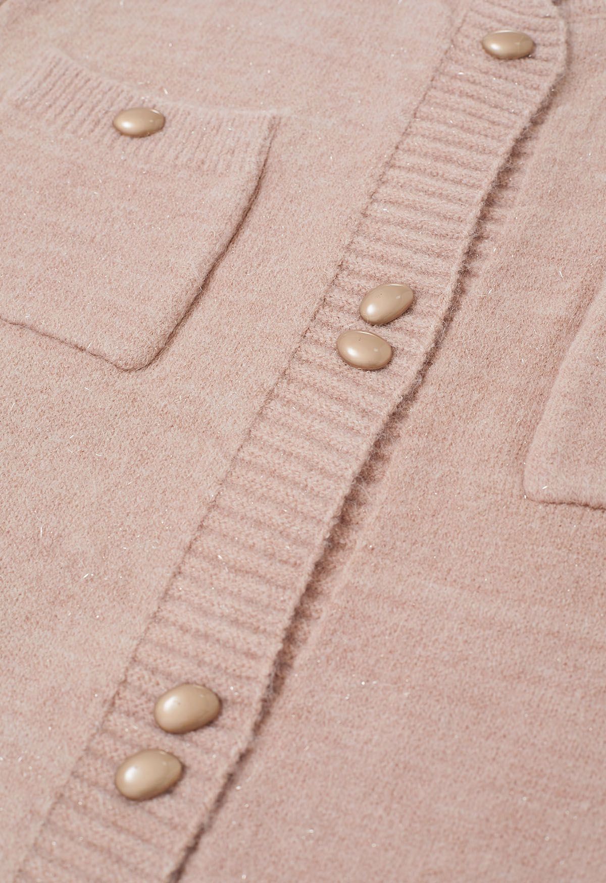 Cardigan élégant en tricot à franges scintillantes et boutons en rose clair