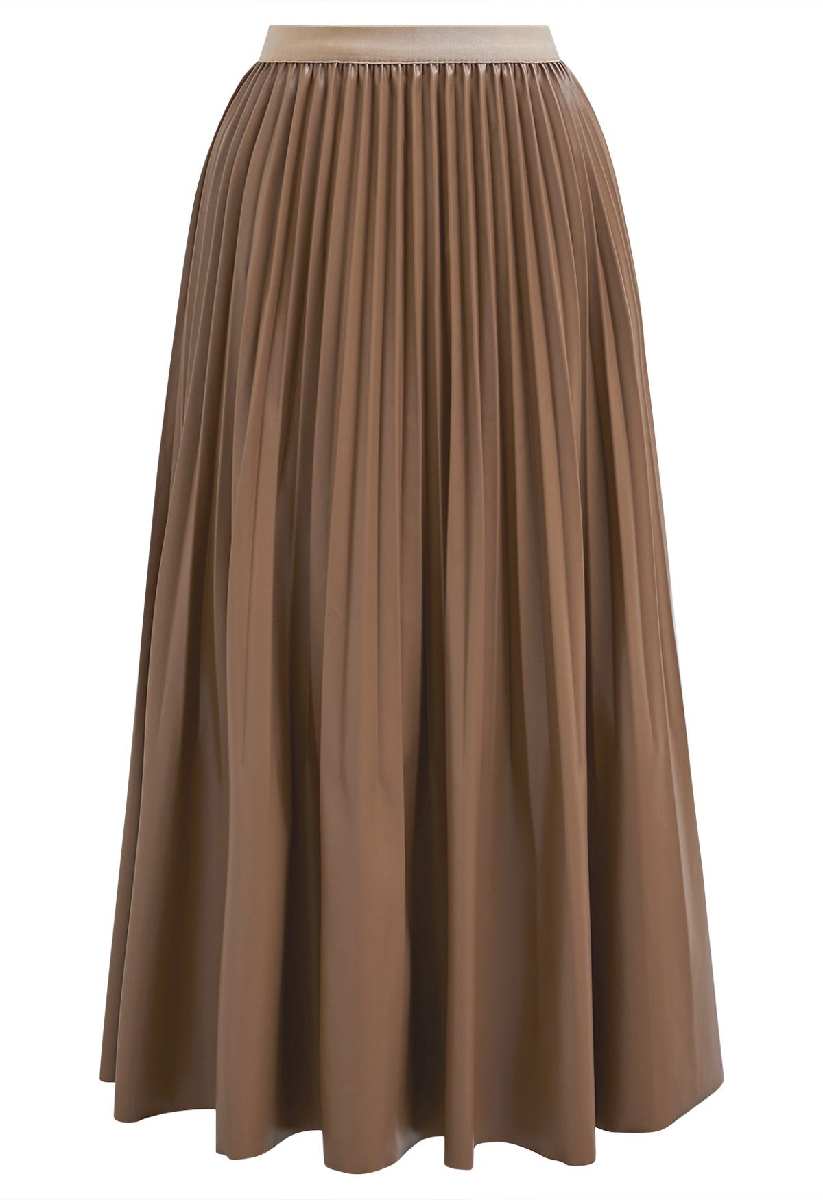 Jupe midi plissée polyvalente en similicuir marron