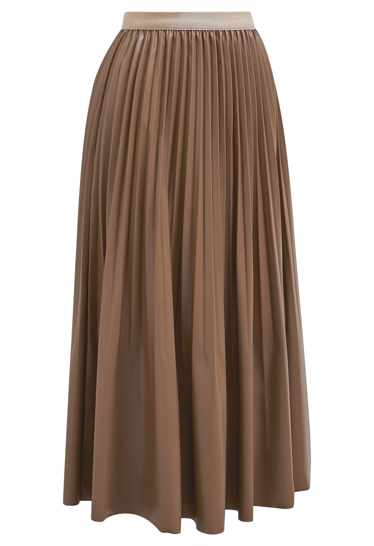 Jupe midi plissée polyvalente en similicuir marron